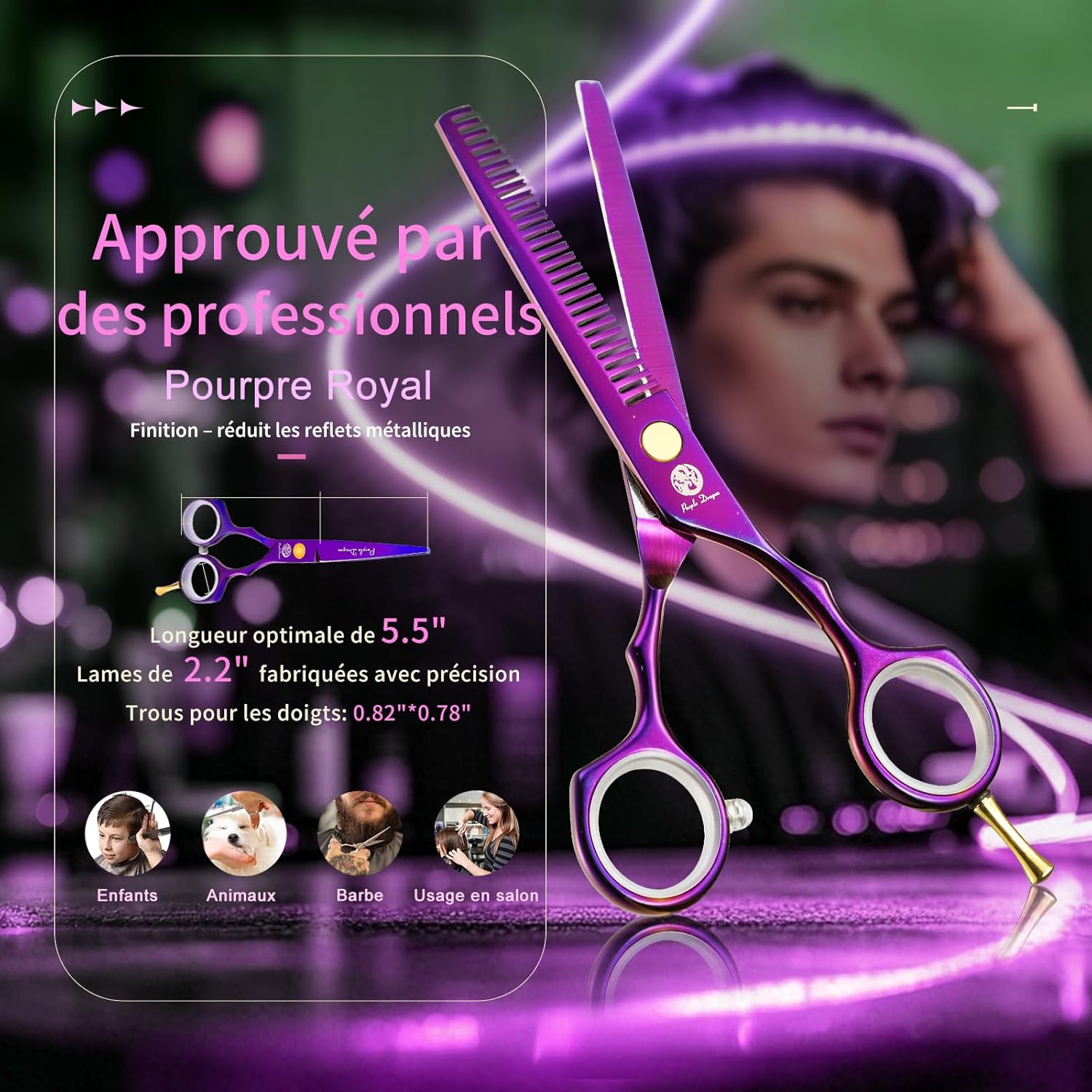 Kit de ciseaux de coiffure - 5,5 pouces - inox violet, peigne, rasoir