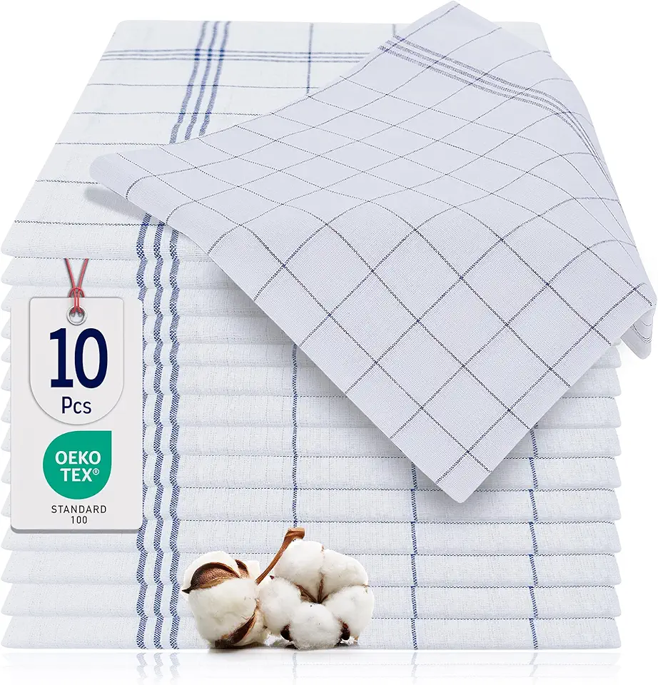 BARBONS - Lot de 10 torchons 50x70 cm - coton absorbant, carreaux, bleu