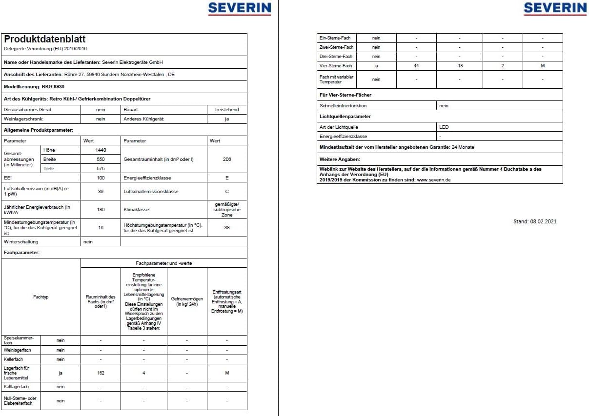 SEVERIN - Rétro série - 206L, 55cm - 2 portes, classe E, Veggibox, RKG8930
