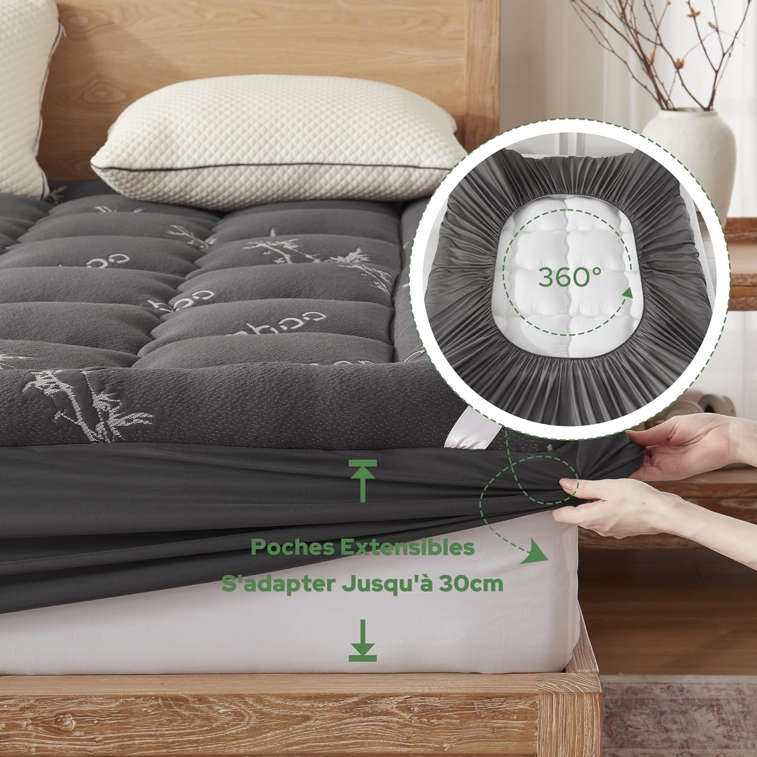 BEDLORE - surmatelas matelassé 140x200 cm, bambou respirant moelleux, bonnet 30 cm, gris foncé