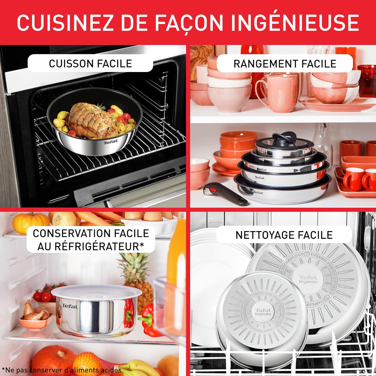 Tefal - Ingenio Emotion - 22/24/28cm - inox, poignée amovible, induction, L8968445