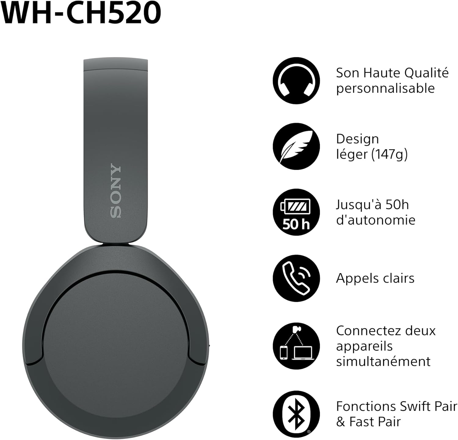 Sony - WH-CH520 série - casque sans fil, micro, 50h autonomie, noir