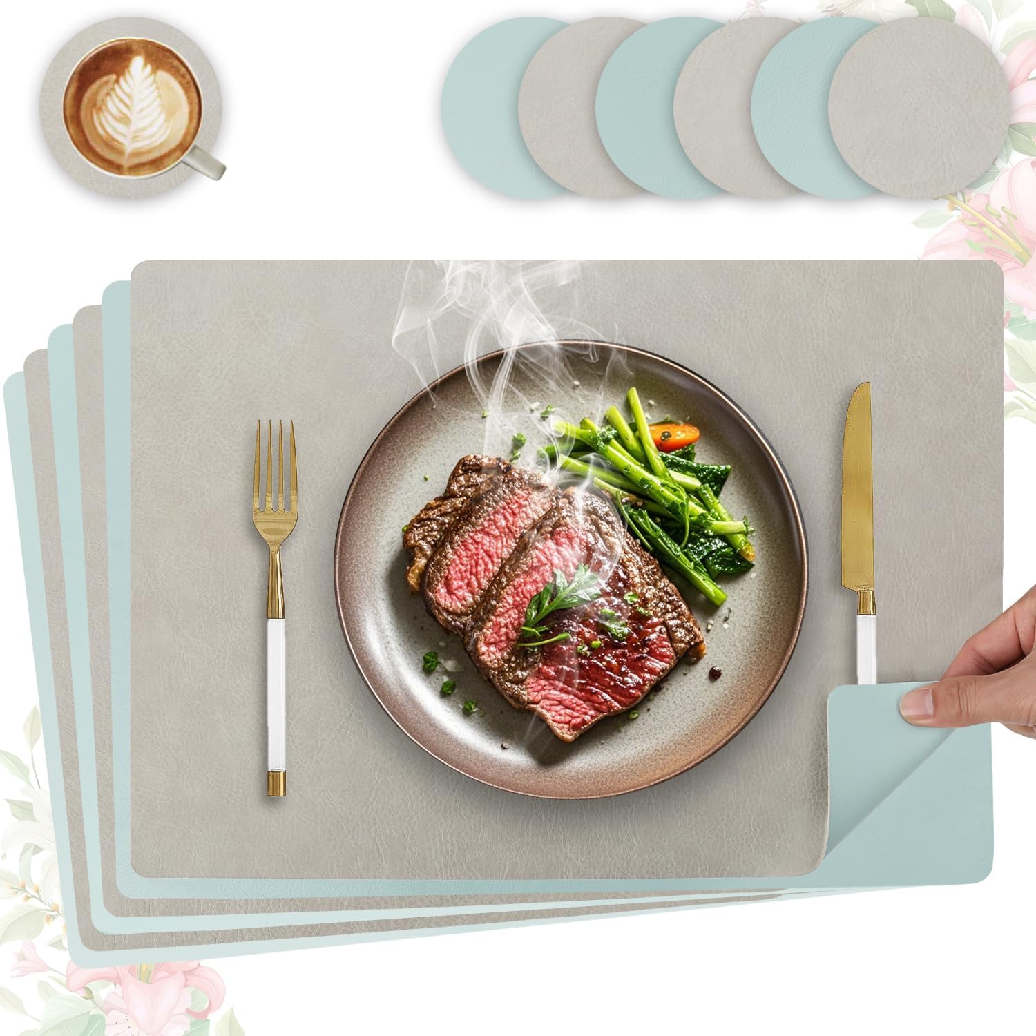 Set de table - lot de 6, 43x30cm, lavables, antidérapants, PU double face