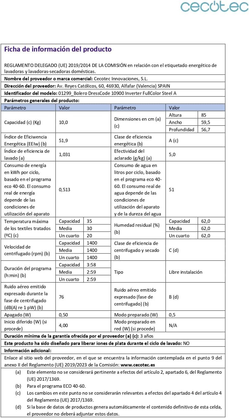 Cecotec - Bolero DressCode 10 kg 1400 tr/min, écran 10,3