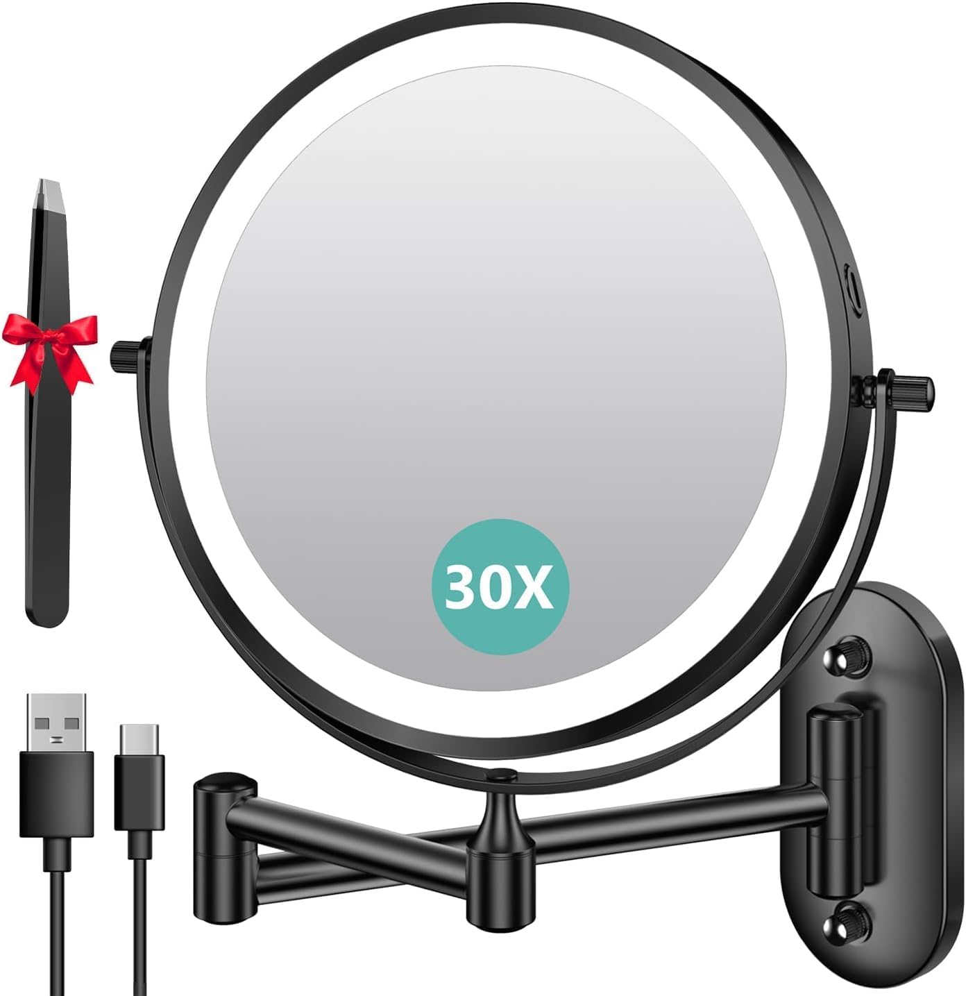 Auxmir - miroir mural série lumineuse, 8 pouces, grossissement 1X/30X, 3 couleurs, USB, écran tactile, pivotant