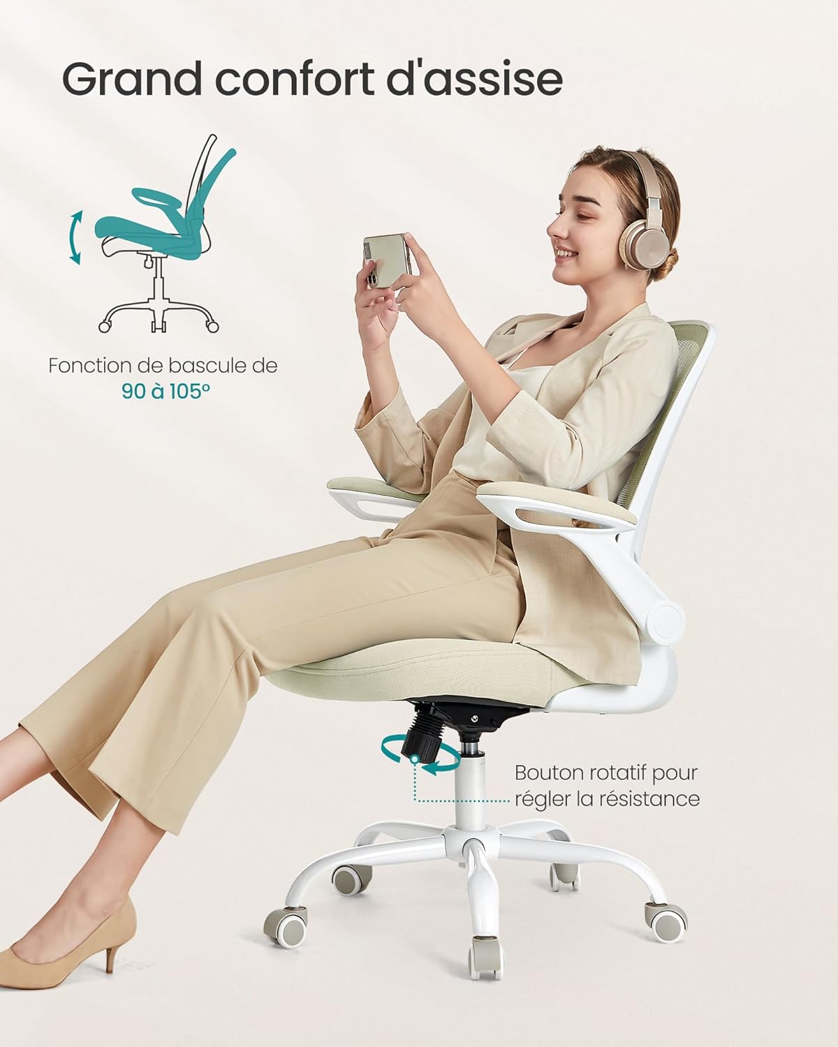 SONGMICS - chaise de bureau ergonomique - 53cm - maille, support lombaire, accoudoirs rabattables, OBN037K02