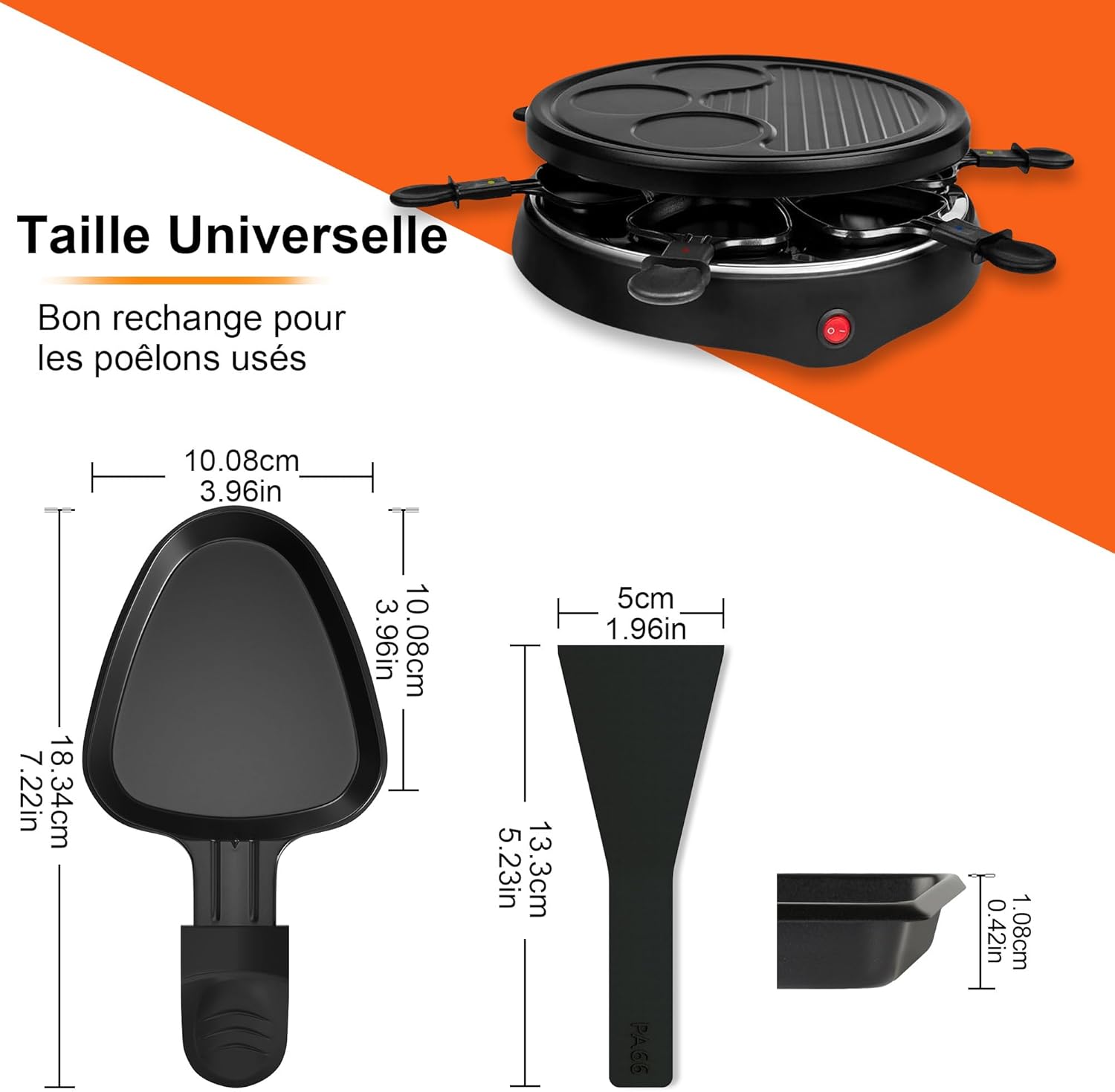 Poêlon raclette triangulaire - 8 coupelles, anti-adhésif, poignées isolantes, spatules nylon, passe au lave-vaisselle