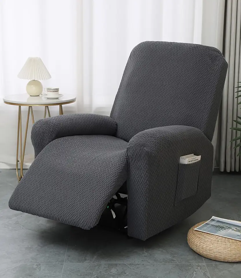 Housse de Fauteuil Relax - jacquard gris clair - extensible 4 pièces avec poches