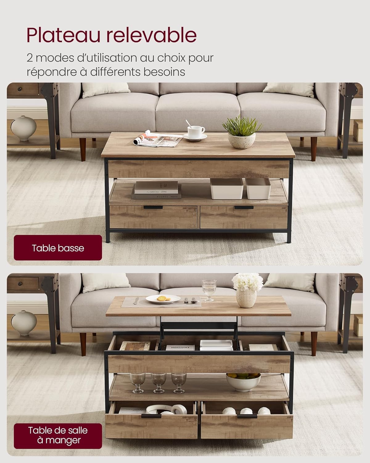 VASAGLE - table basse série LCT209K02 - espaces de rangement, plateau relevable, marron camel/ noir - LCT209K02