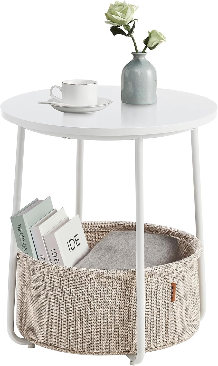 VASAGLE - Petite table basse ronde - compacte, panier tissu, blanc/marron LET223W10