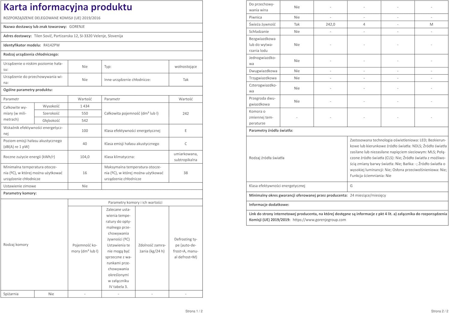 Gorenje - R4142PW - 242 L Autoportant, classe E, couleur blanche, R4142PW
