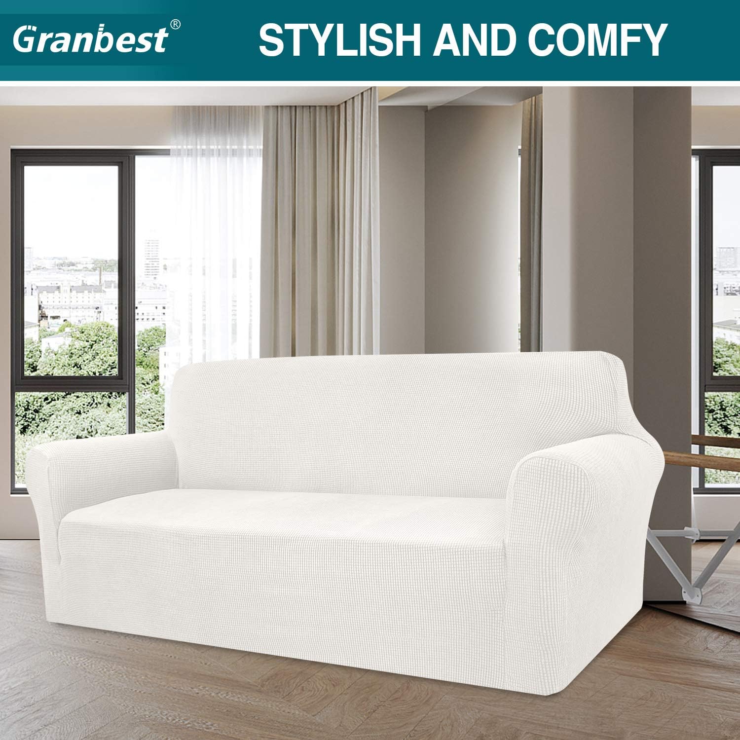 Granbest - housse de canapé jacquard 3 places - stretch, protection animaux, blanc crème