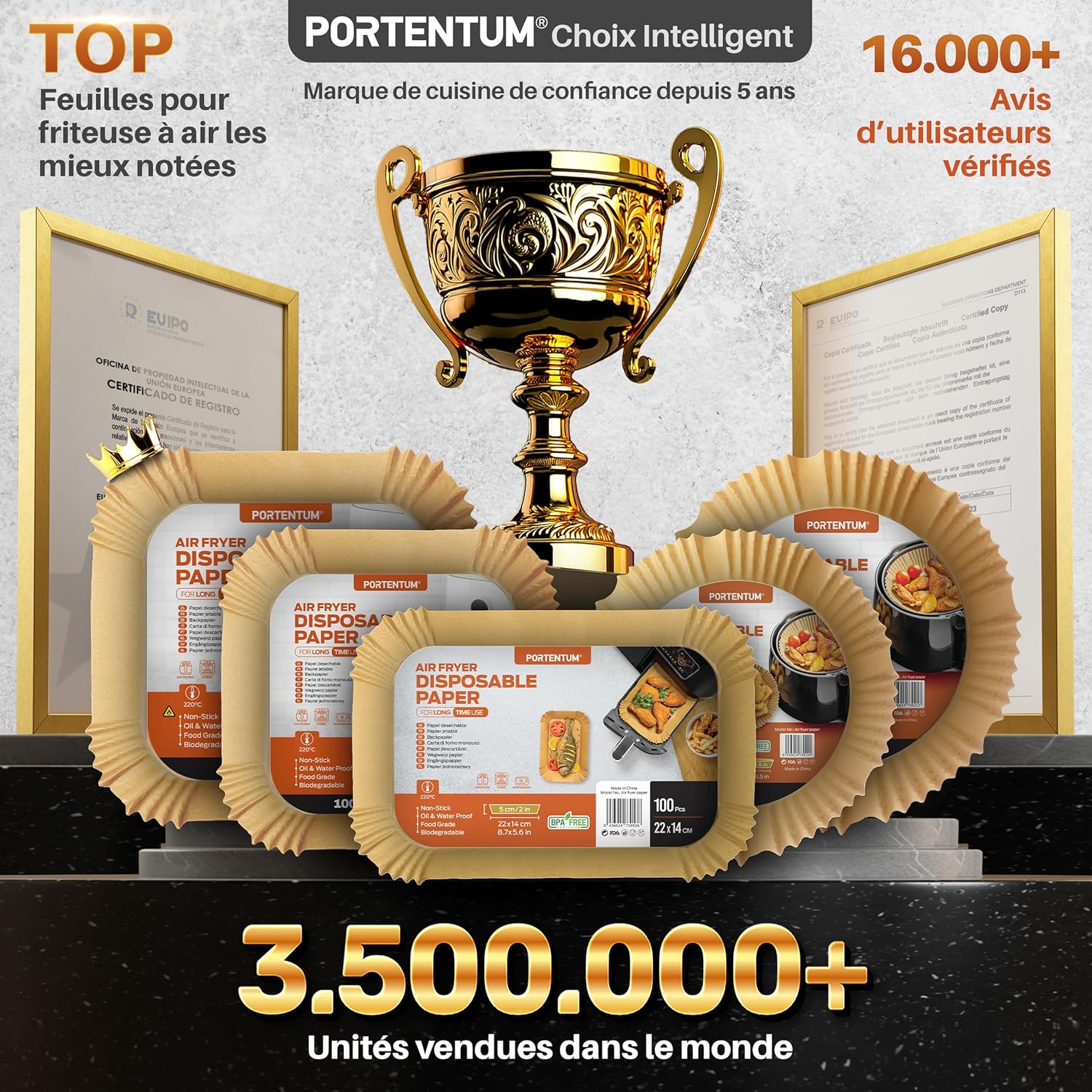 PORTENTUM - papier cuisson air fryer - 20x24 cm - 100 pièces, sans BPA, adapté 5-8L