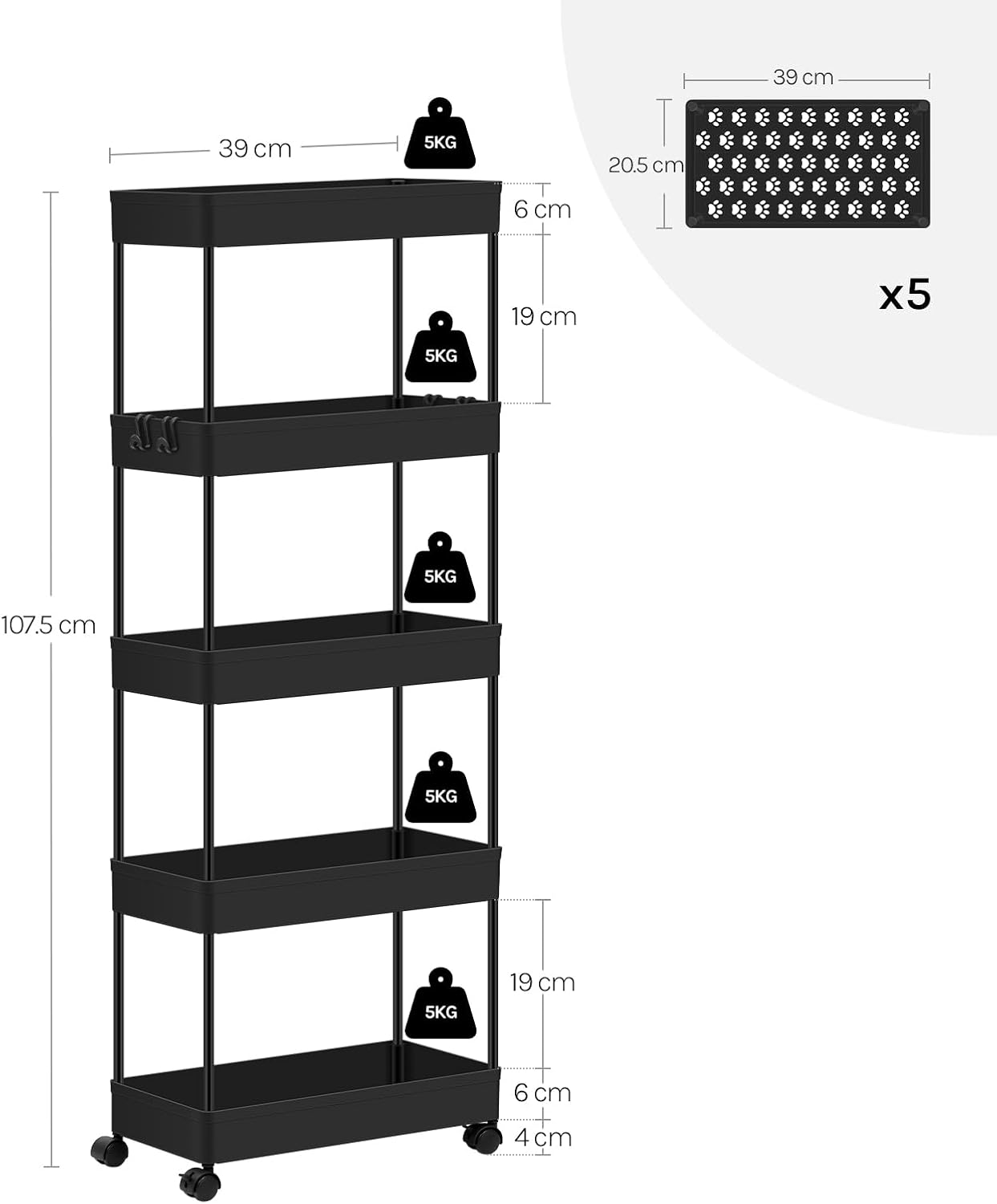 Chariot de rangement à roulettes 5 niveaux, plastique et métal, 4 crochets, noir