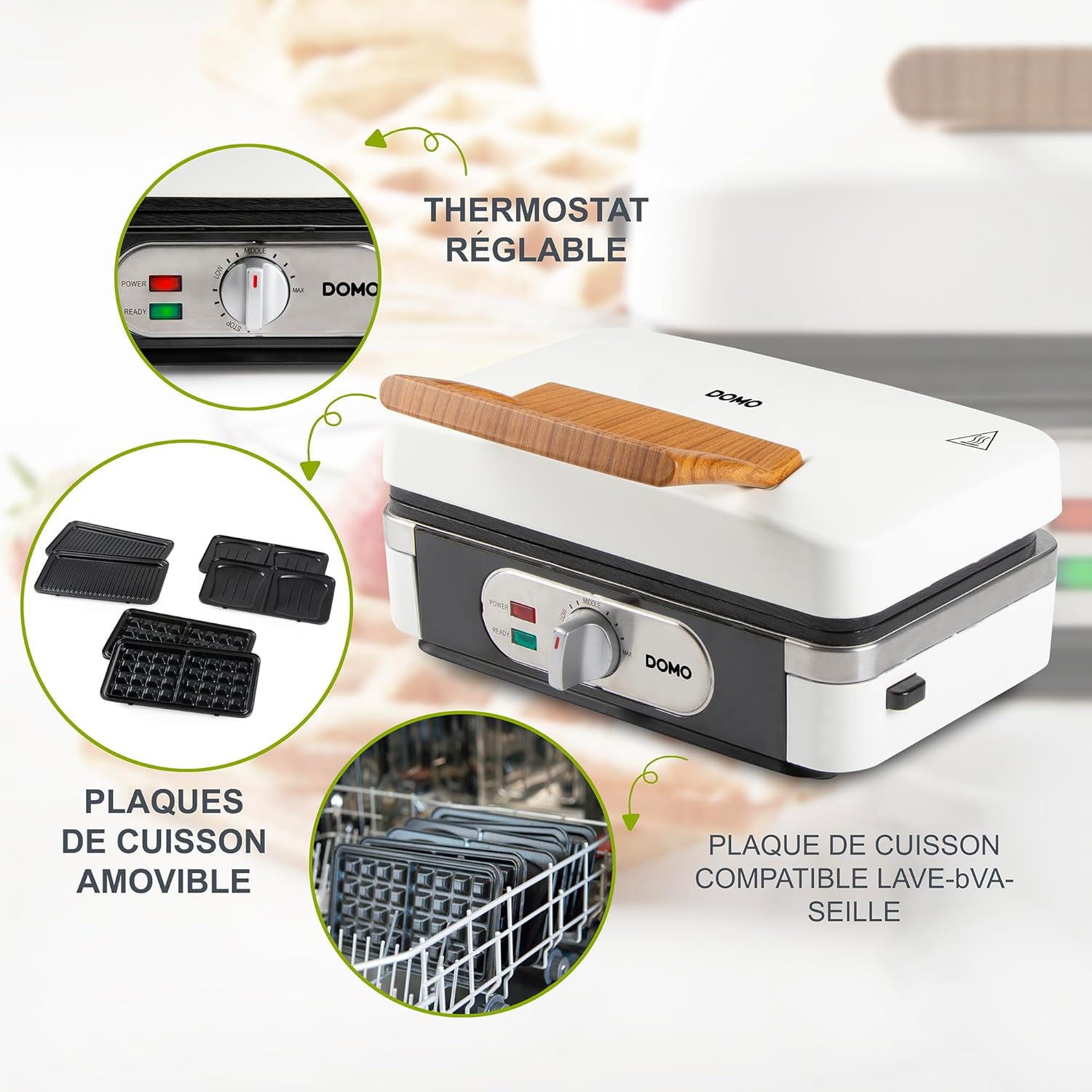 DOMO - Snackmaker 3 en 1, plaques interchangeables, 1100W, blanc, DO9277C