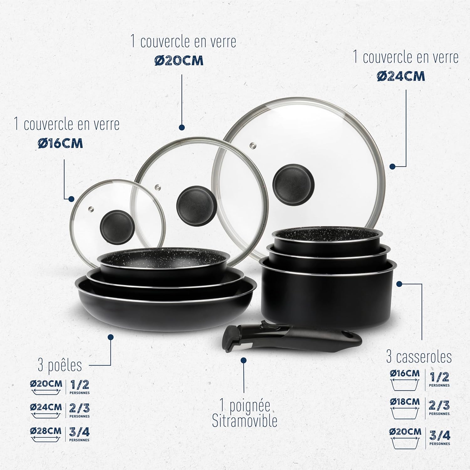 Sitram - Batterie de cuisine aluminium 10 pièces, induction, manche amovible, 713499