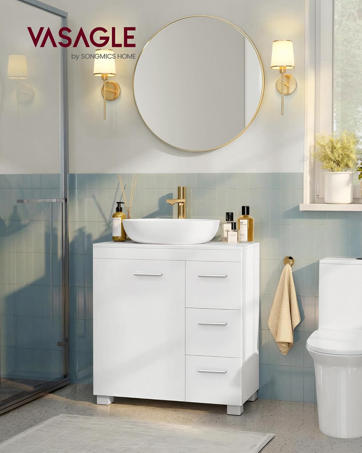 VASAGLE - meuble sous lavabo série BBK514WB01 - 30x60x64 cm - 3 tiroirs, 2 compartiments, pieds, blanc