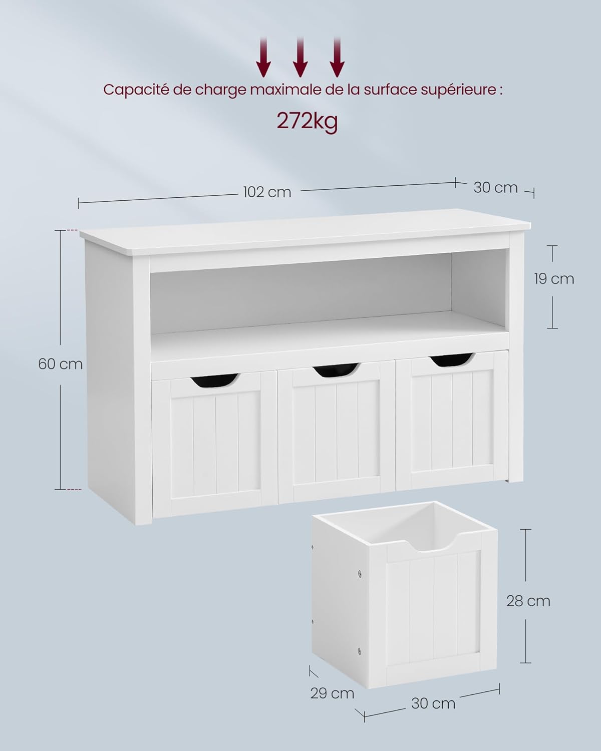 VASAGLE - meuble de rangement enfant - 30x102x60 cm - 3 bacs à roulettes, armoire blanche LHS380W01