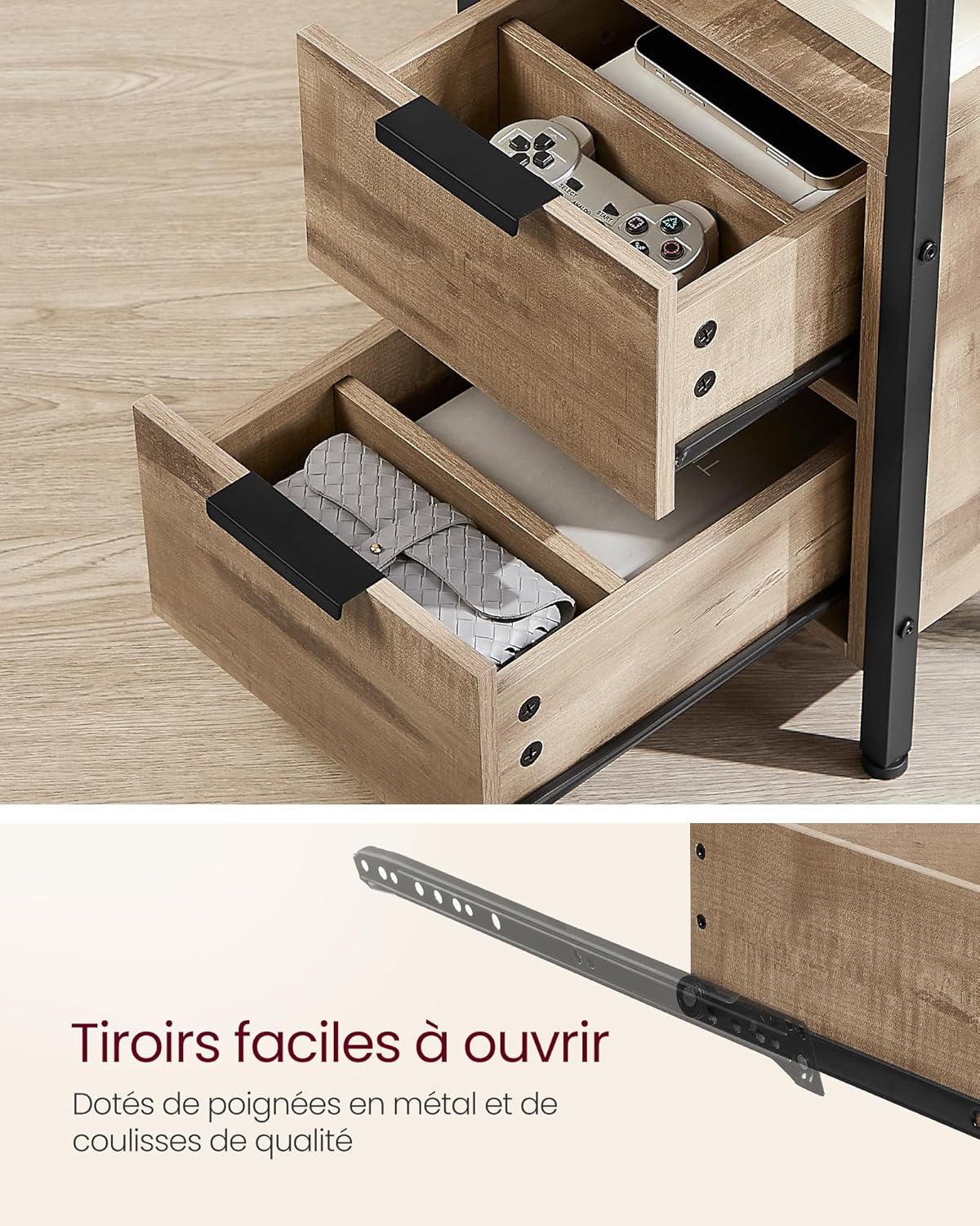 VASAGLE - table d’appoint 2 tiroirs 2 ports USB, fine, marron/noir - LET325K01