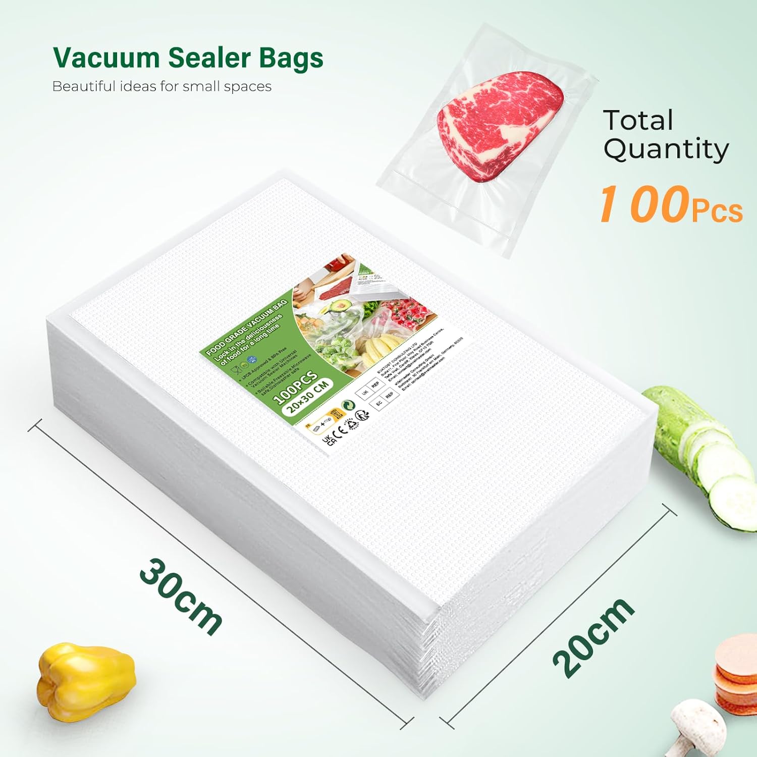 Oderra - sacs sous vide alimentaire - 20x30 cm - lot de 100, compatibilité universelle