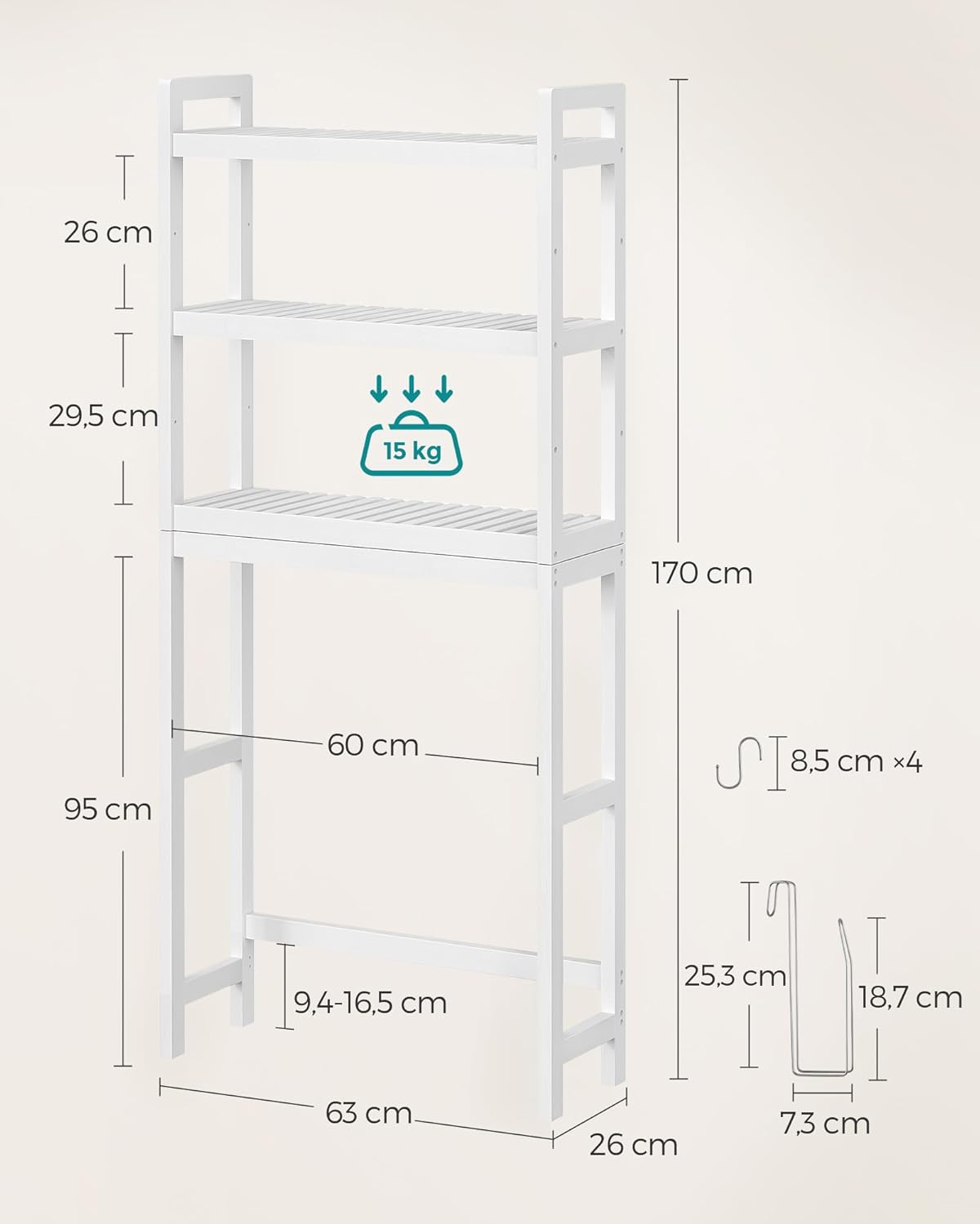 SONGMICS - étagère WC (BTS01WT) - 3 niveaux, réglable, gain de place