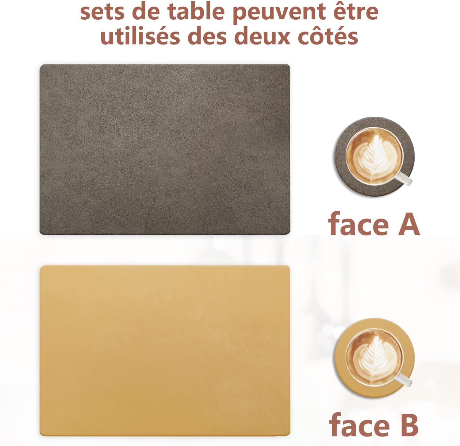 Set de table - lot de 6, cuir PU double face, 43x30cm, lavable, antidérapant