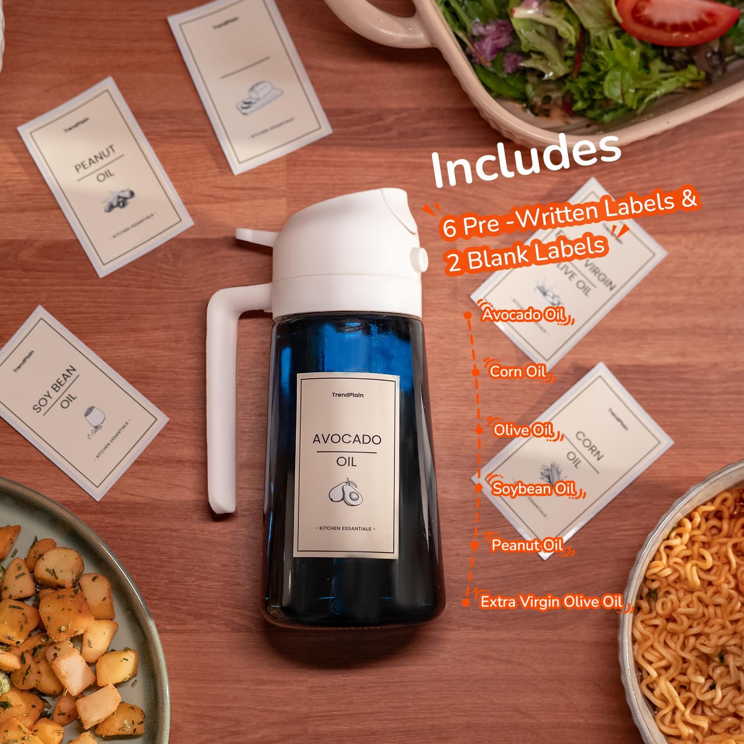 TrendPlain - Spray huile cuisine 470ml - 2-en-1, lot de 2, blanc & vert