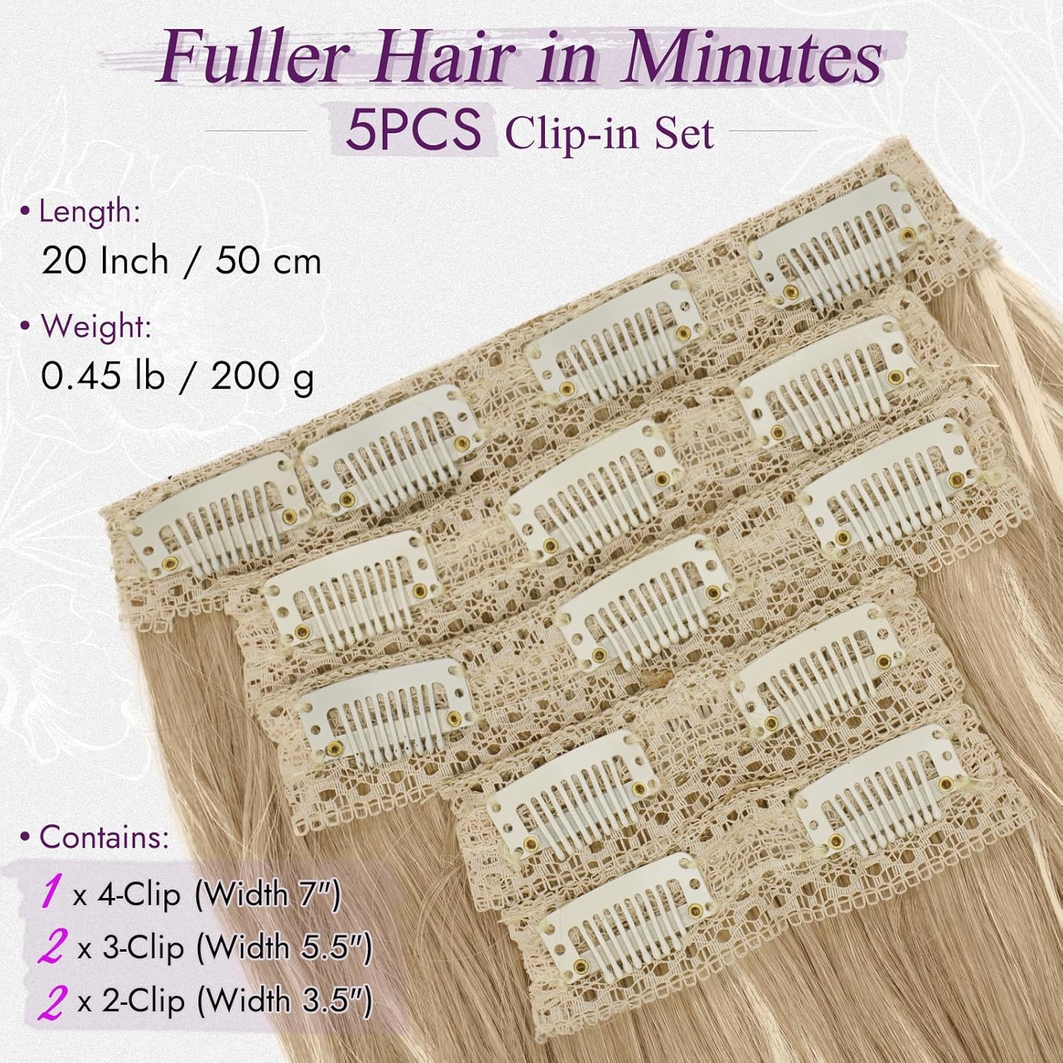 BARSDAR - Extensions à clips ondulées 50cm blond synthétique - 5 pièces, moyen blond mixte