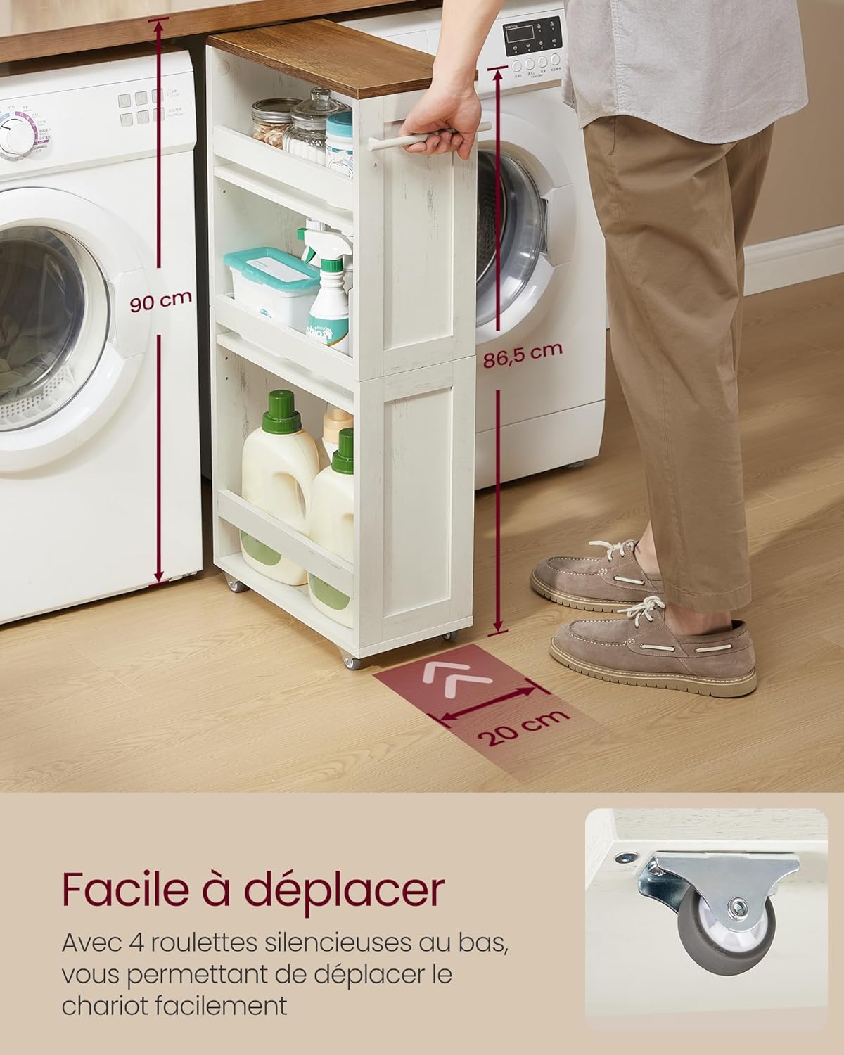 VASAGLE - chariot de rangement 4 niveaux, 20x43,2x86,5 cm, roulettes, LRC051K01