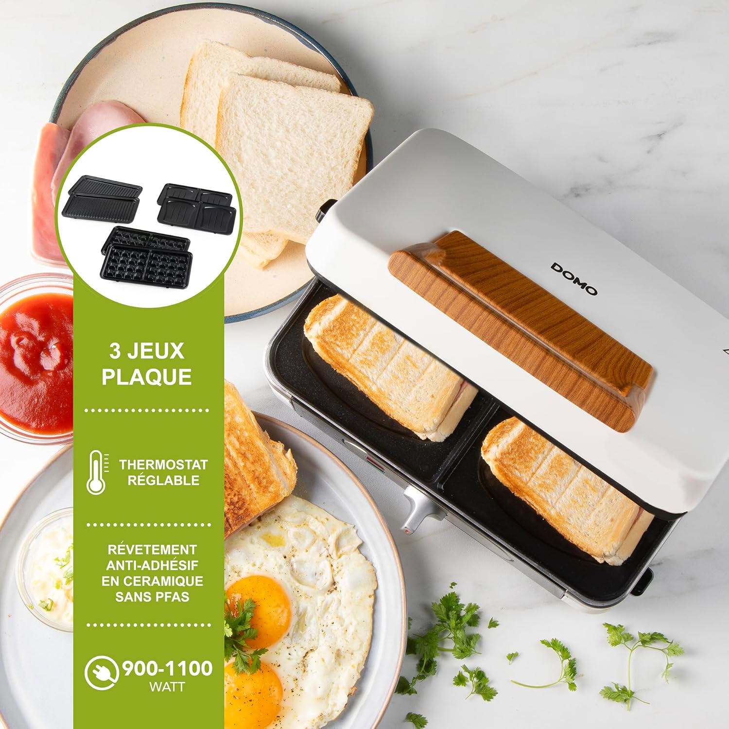 DOMO - Snackmaker 3 en 1, plaques interchangeables, 1100W, blanc, DO9277C