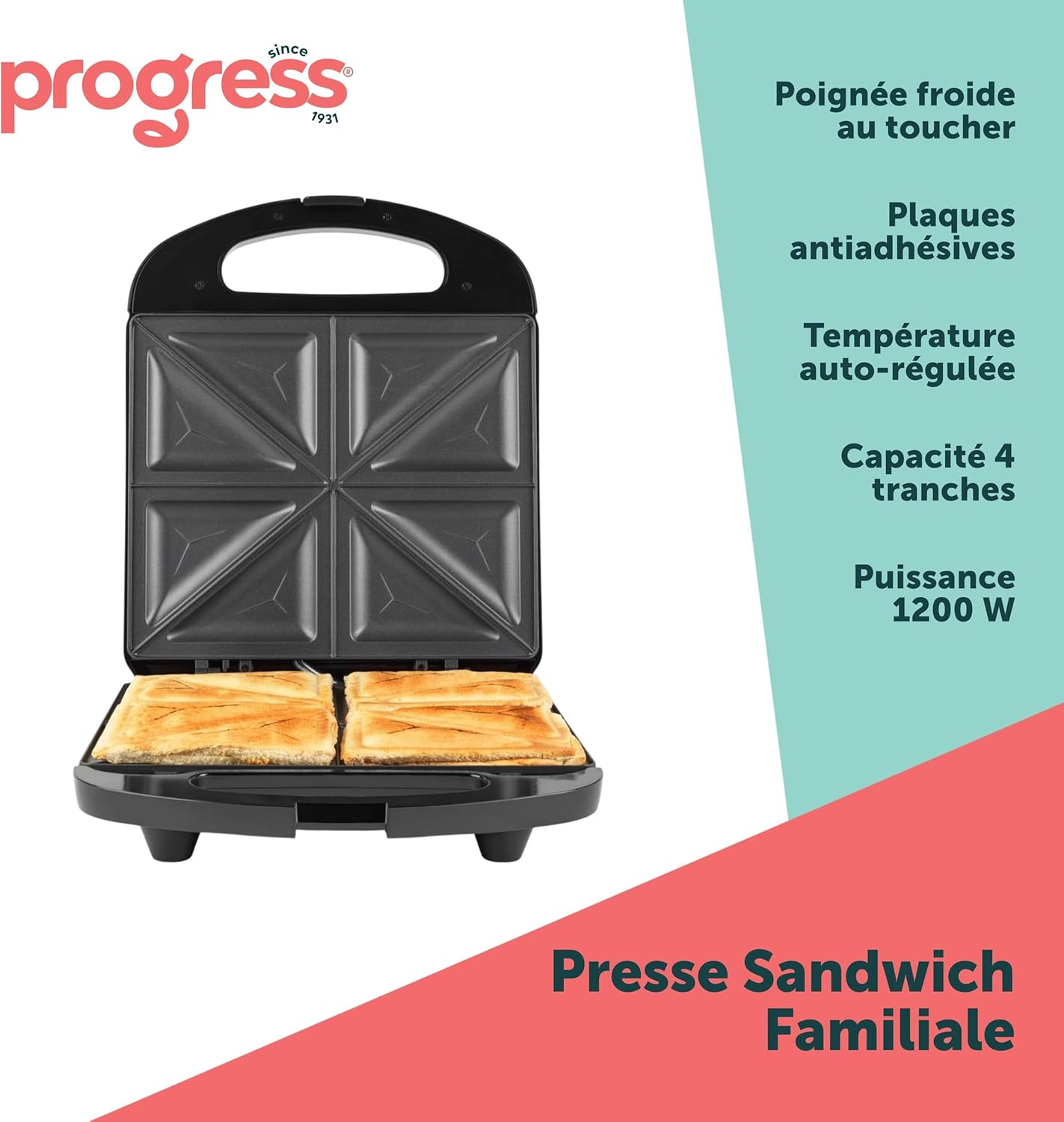 Progress – Machine à croques 1200W – 4 tranches, plaques antiadhésives, poignée cool touch