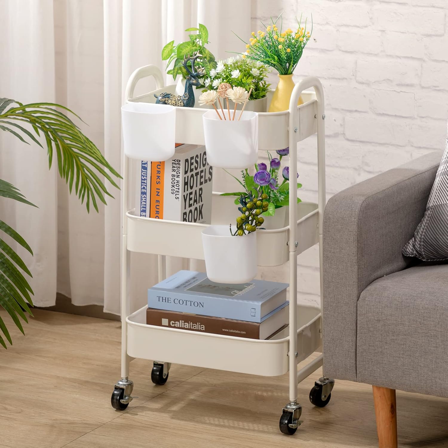 DOEWORKS - Chariot métal 3 niveaux à roulettes, blanc, rangement multiusage