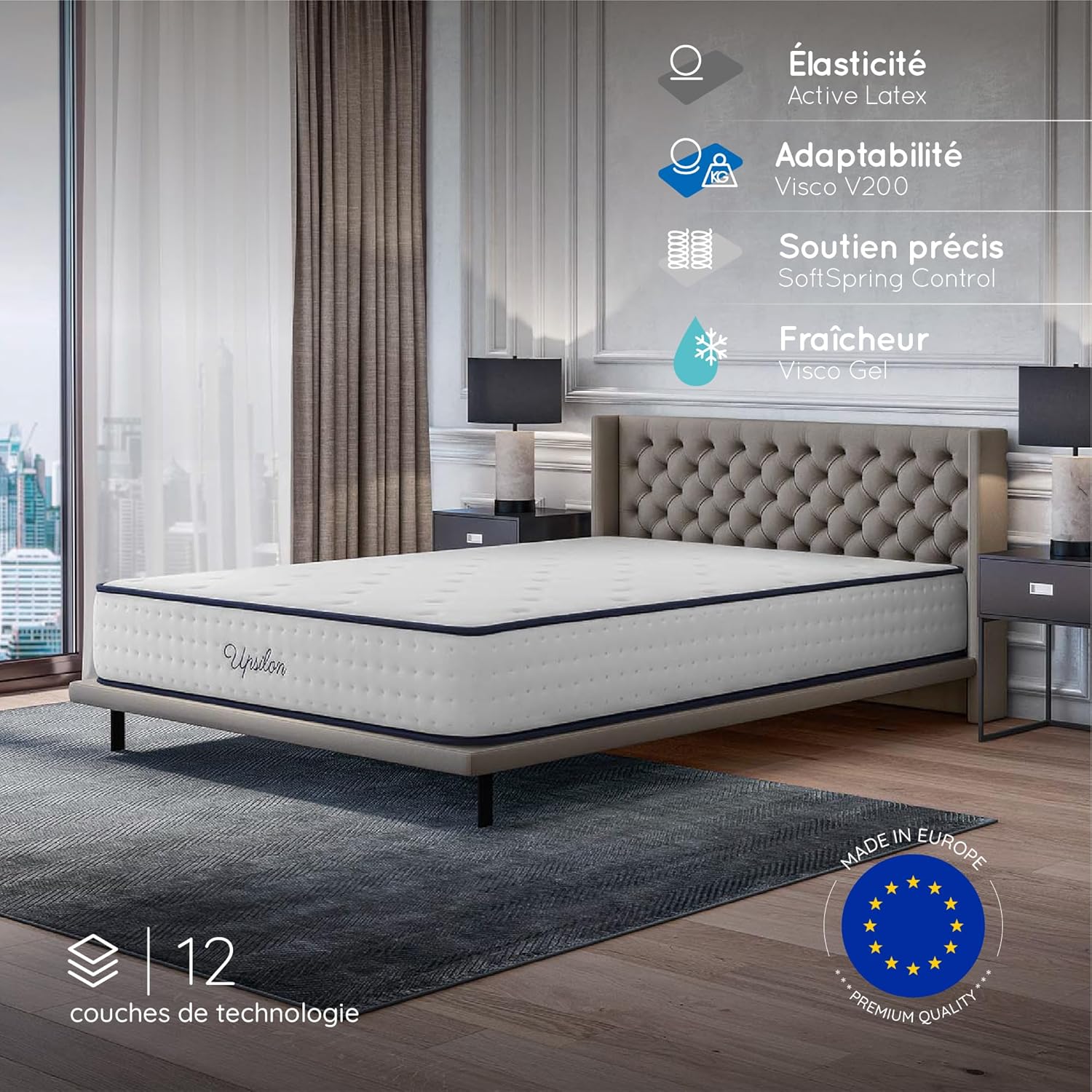COSMOS - Upsilon - 160x200 cm - hybride, 30cm, mémoire de forme, mi-ferme