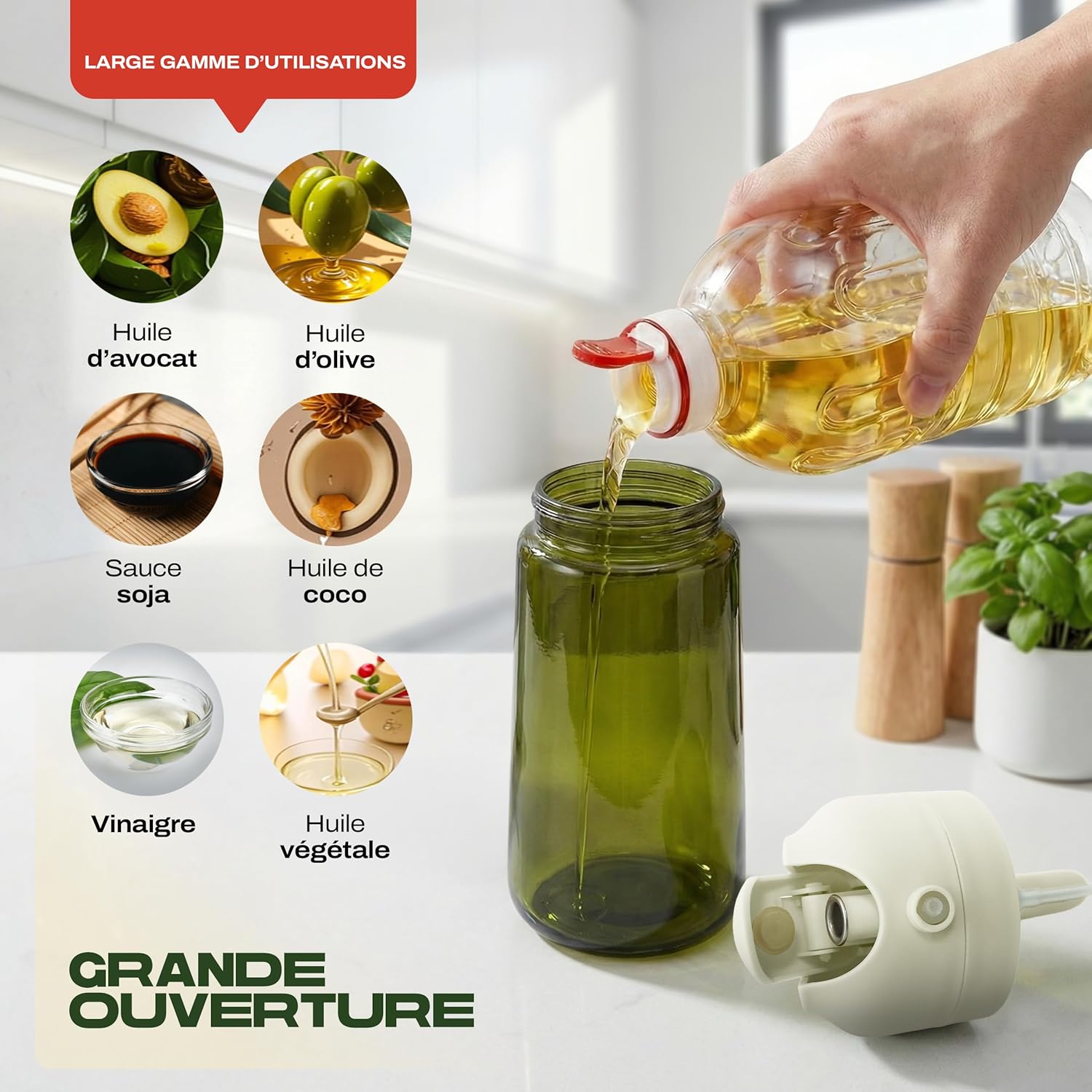 PORTENTUM - spray huile cuisine 2 en 1 - 470ml - verre vert, double usage