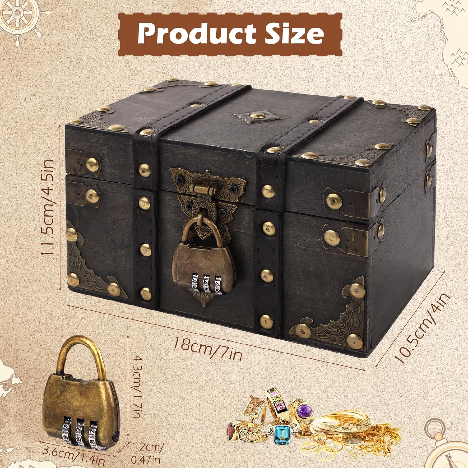 Coffre Trésor Vintage en Bois - boîte à code, cadenas pirate, gris, idéal enfant décor.