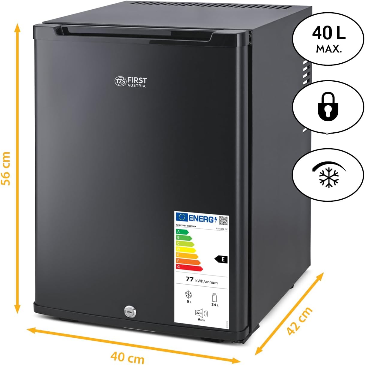 TZS First Austria - Mini frigo 40L - silencieux, porte réversible, lumière intérieure