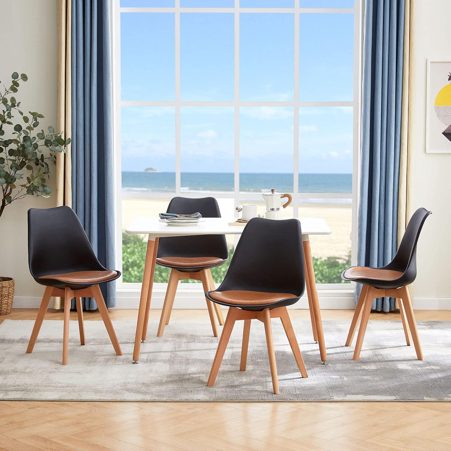 EGGREE - chaises scandinaves lot de 8 - bois hêtre - cuir PU rembourré noir/marron