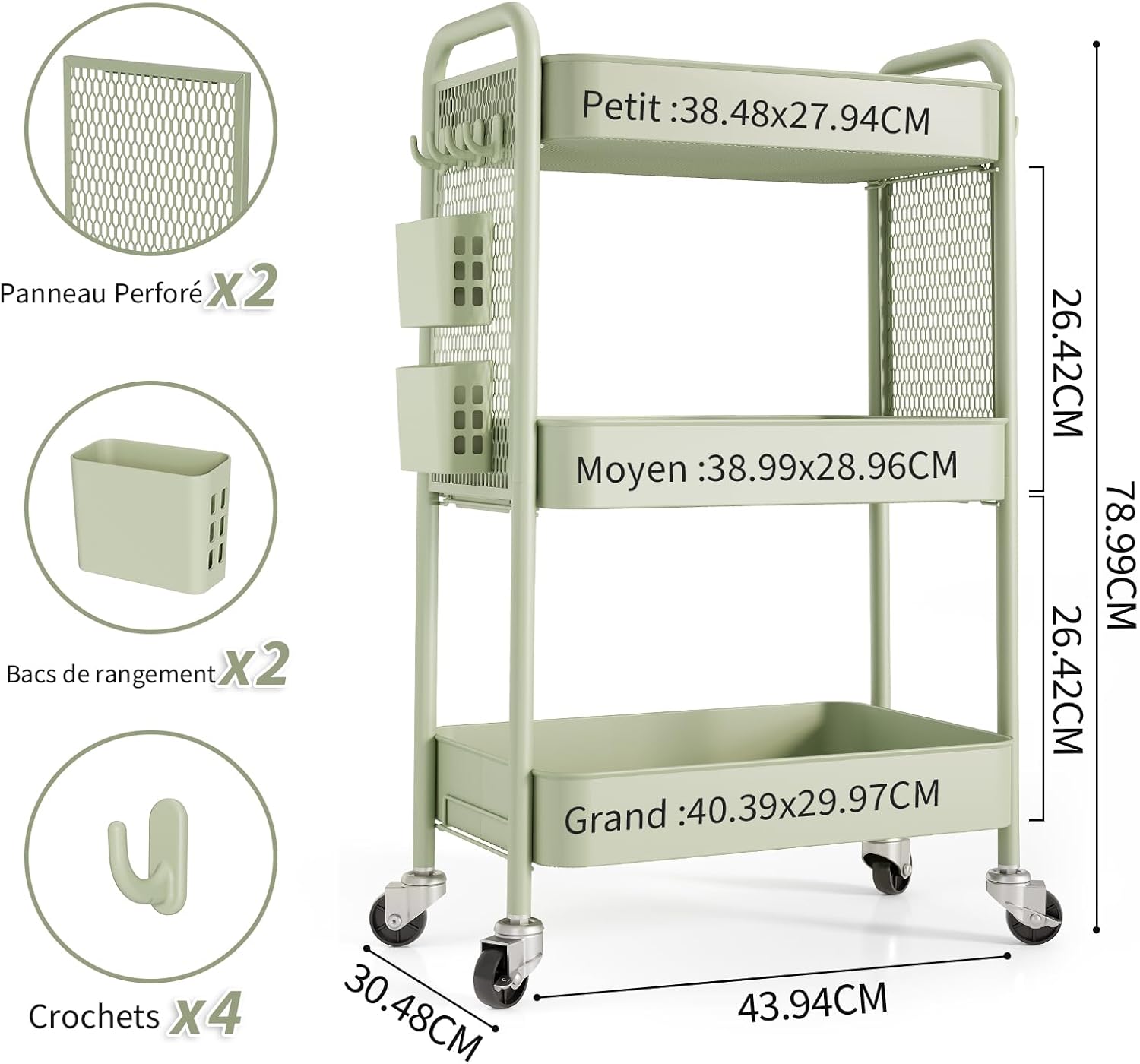 Chariot de rangement - 3 niveaux, boîtes et crochets, roulettes, vert