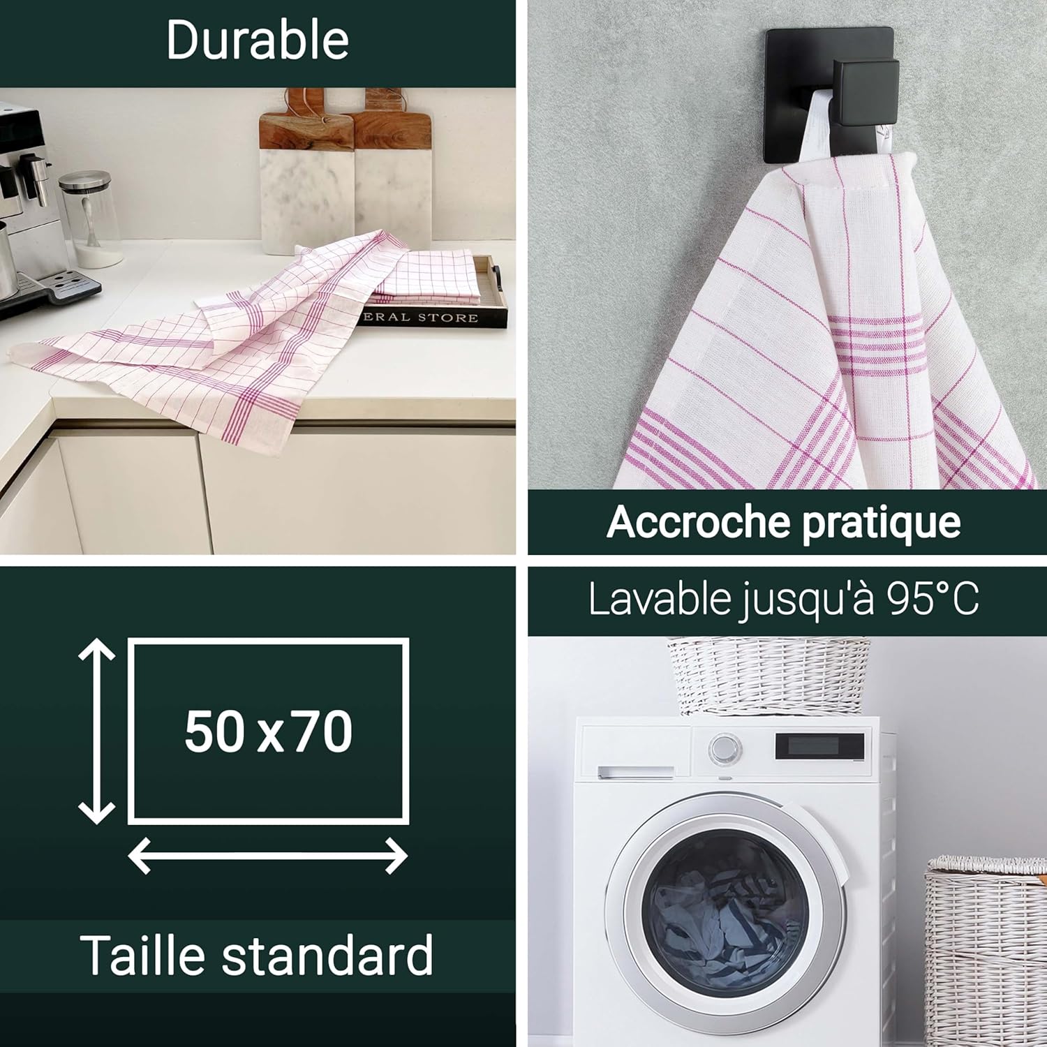 ZOLLNER - Set torchons cuisine carreaux rouges - 50x70 cm - coton