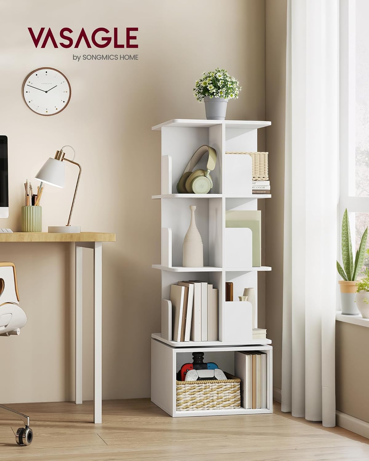 VASAGLE - Custos Collection - 40x40x124,6 cm - bibliothèque rotative 4 niveaux, pivot 360°, blanc nuage LBC471WB01