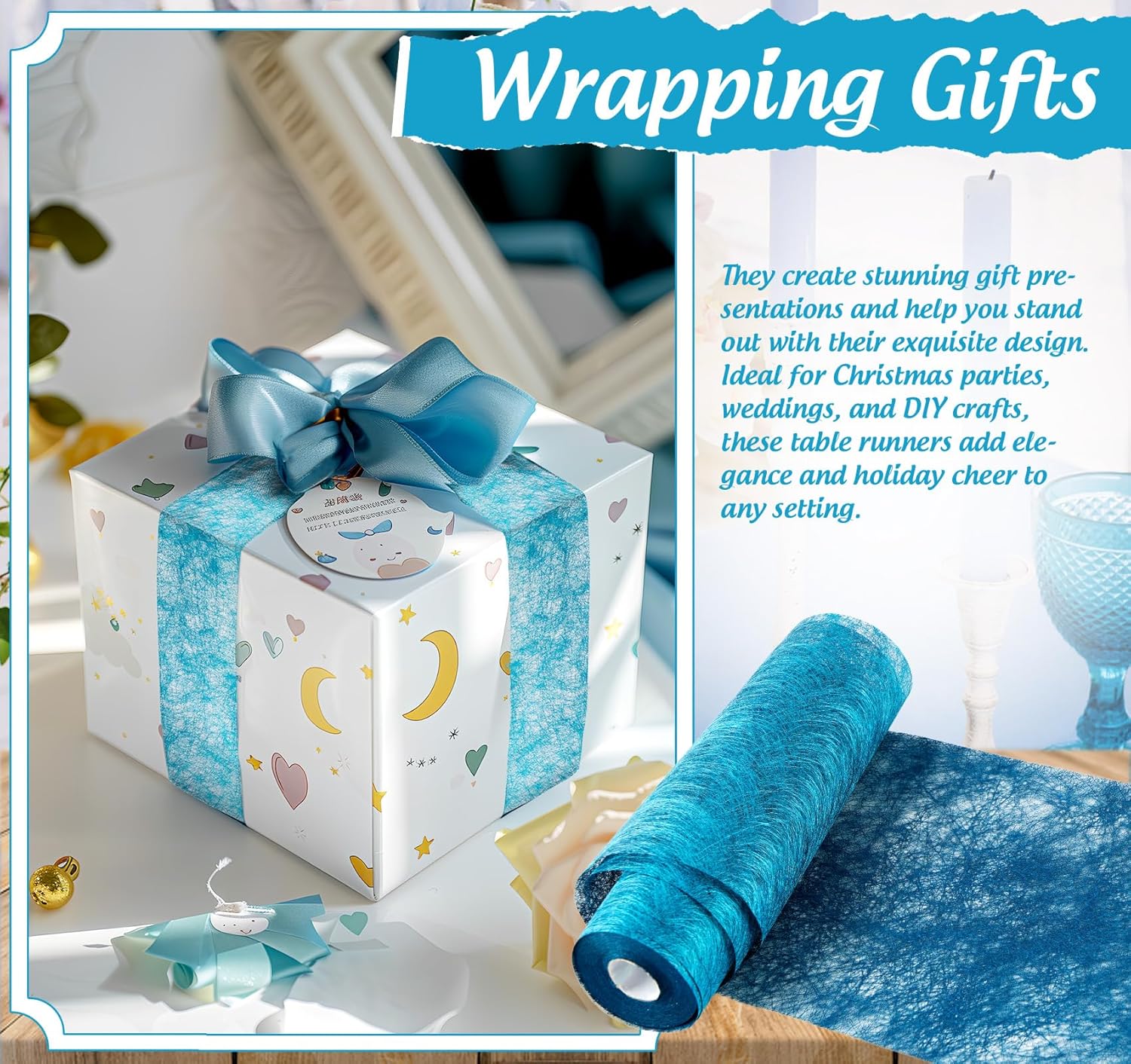 Chemin de table - bleu non tissé 30m x 23cm, 150 strass, décor élégant