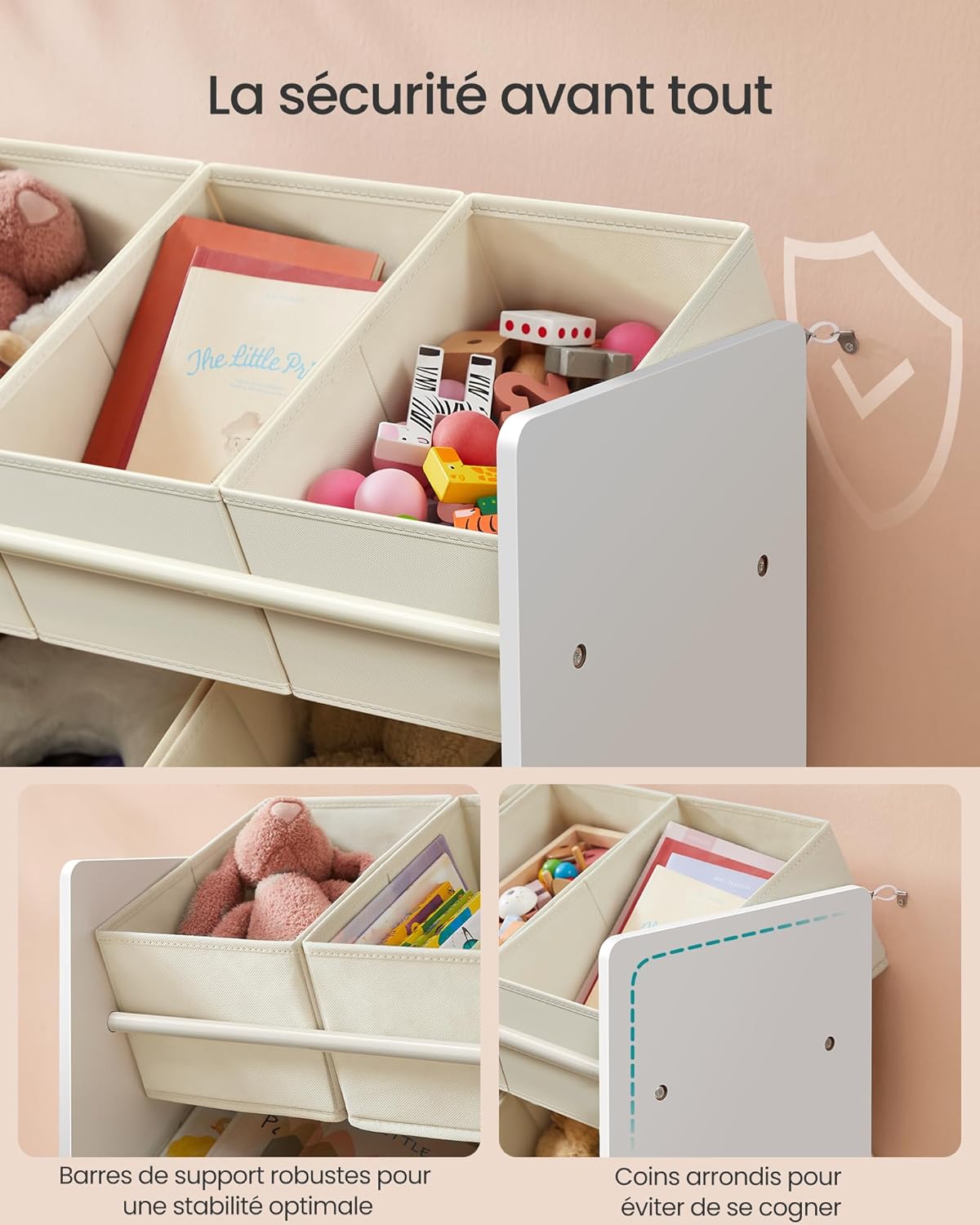 SONGMICS - étagère à jouets enfants, 29,5x62,5x60 cm, 7 bacs tissu, blanc nuage GKR034W10