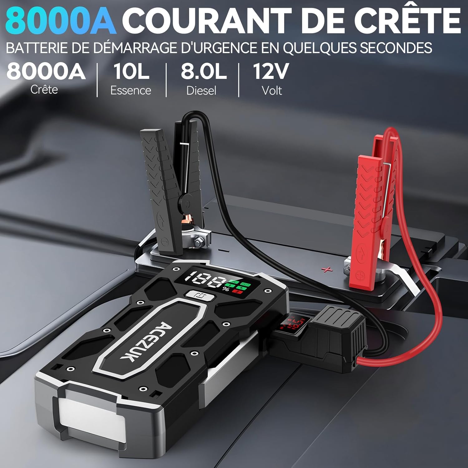 Booster batterie voiture portable, 8000A, 12V, LED, QC3.0, jusqu'à 10L, 8.0LDiesel