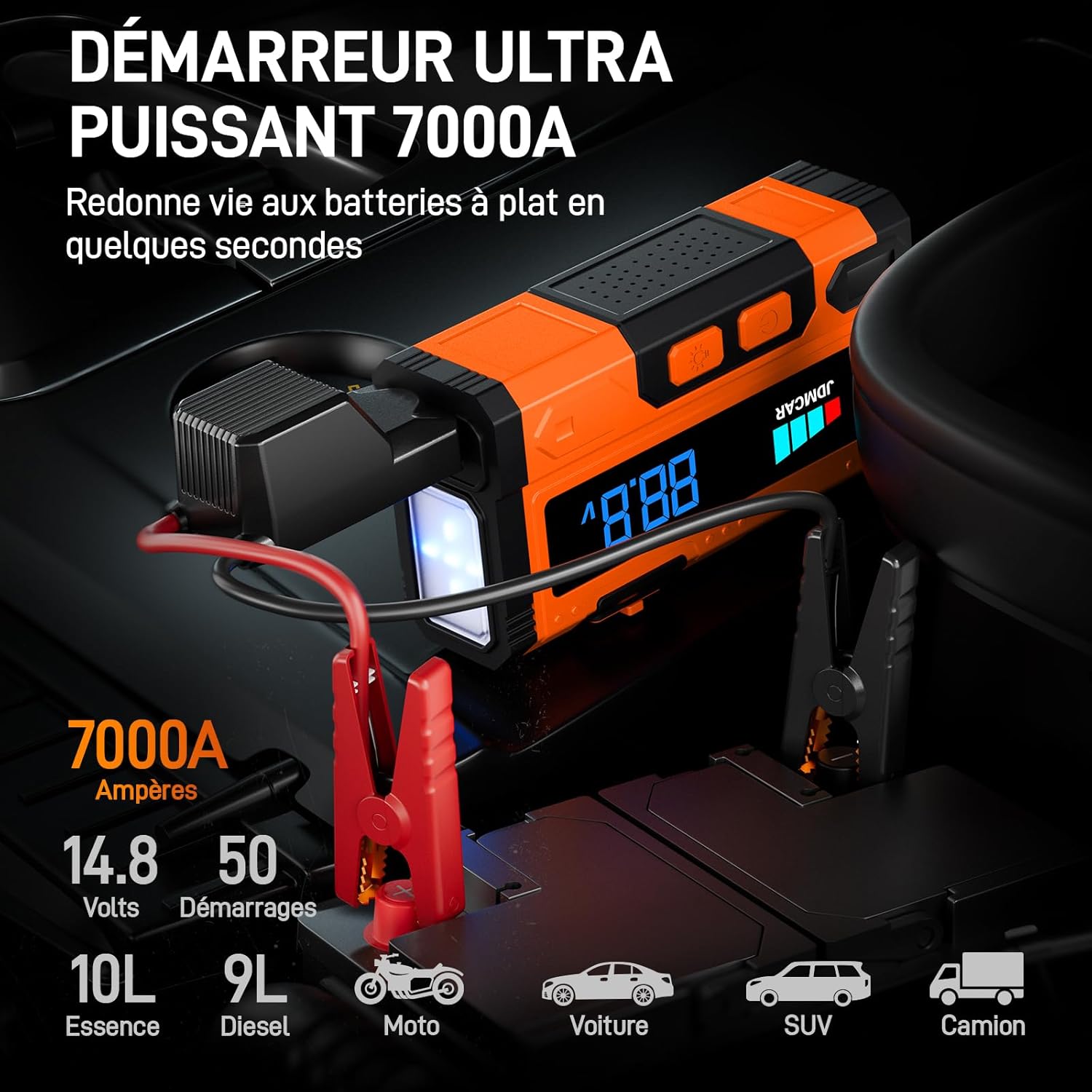JDMCAR - Booster Batterie Série 7000A, 14.8V, LED, 9L Essence, 8.5L Diesel