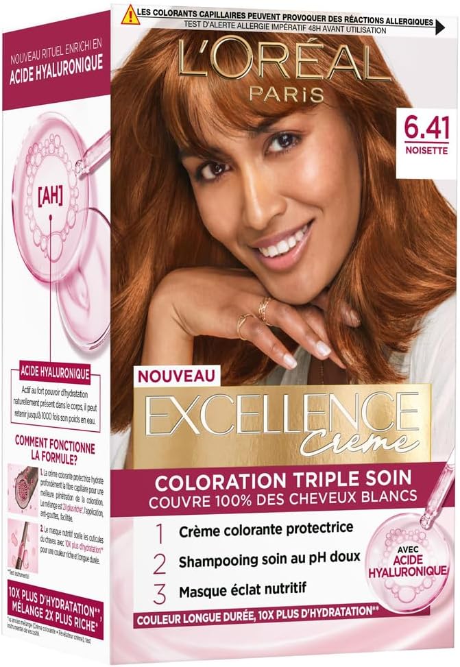 L'Oréal Paris - Excellence Crème - coloration permanente - couvre 100% cheveux blancs, soin triple, nuance 6.41