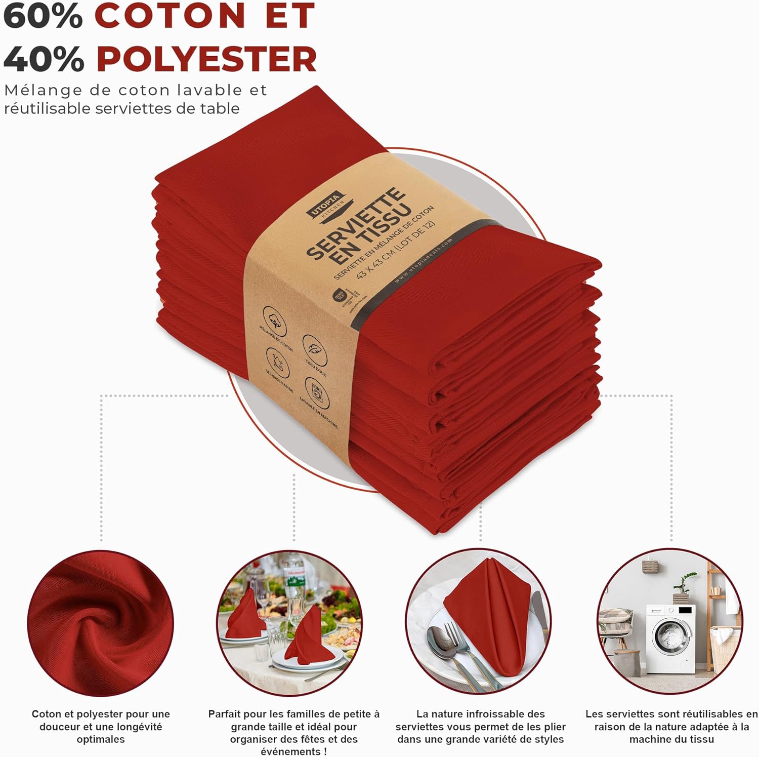 Utopia - Serviettes de Table Série Classique - 46x46 cm - Coton mélangé réutilisable, lot de 12