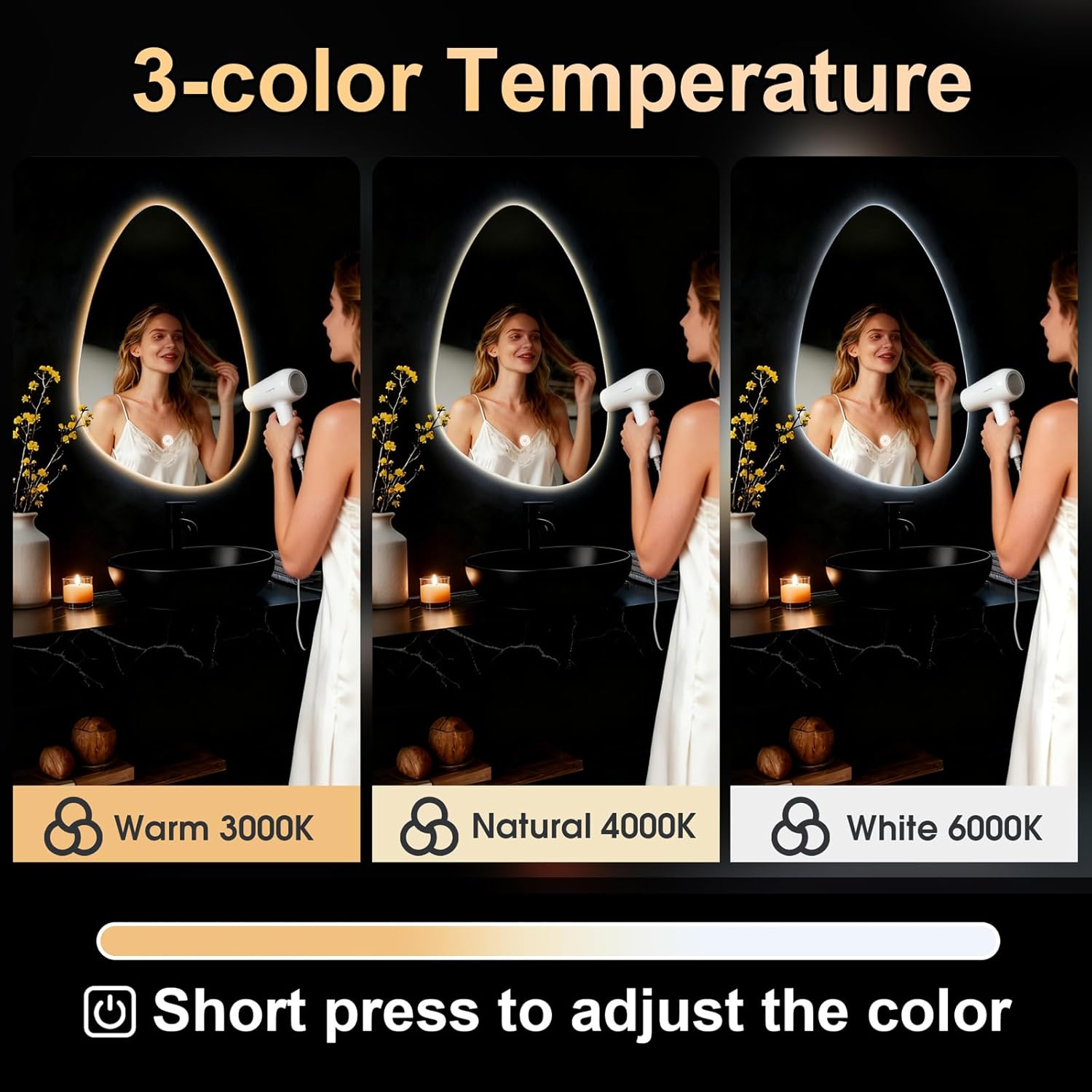 Miroir de Salle de Bain - LED, tactile, 3 couleurs, 60x40 cm