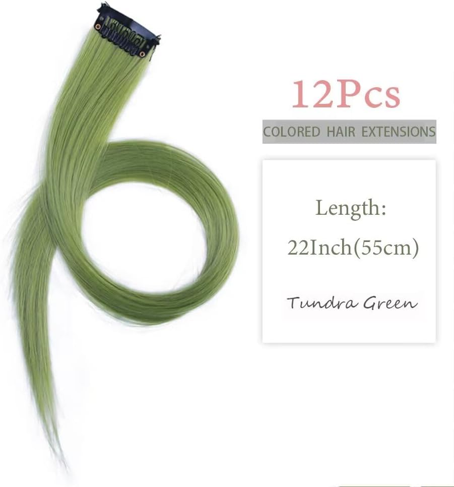 Extensions cheveux - vert polaire 12pcs 55cm, clip naturel, chaleur, fête
