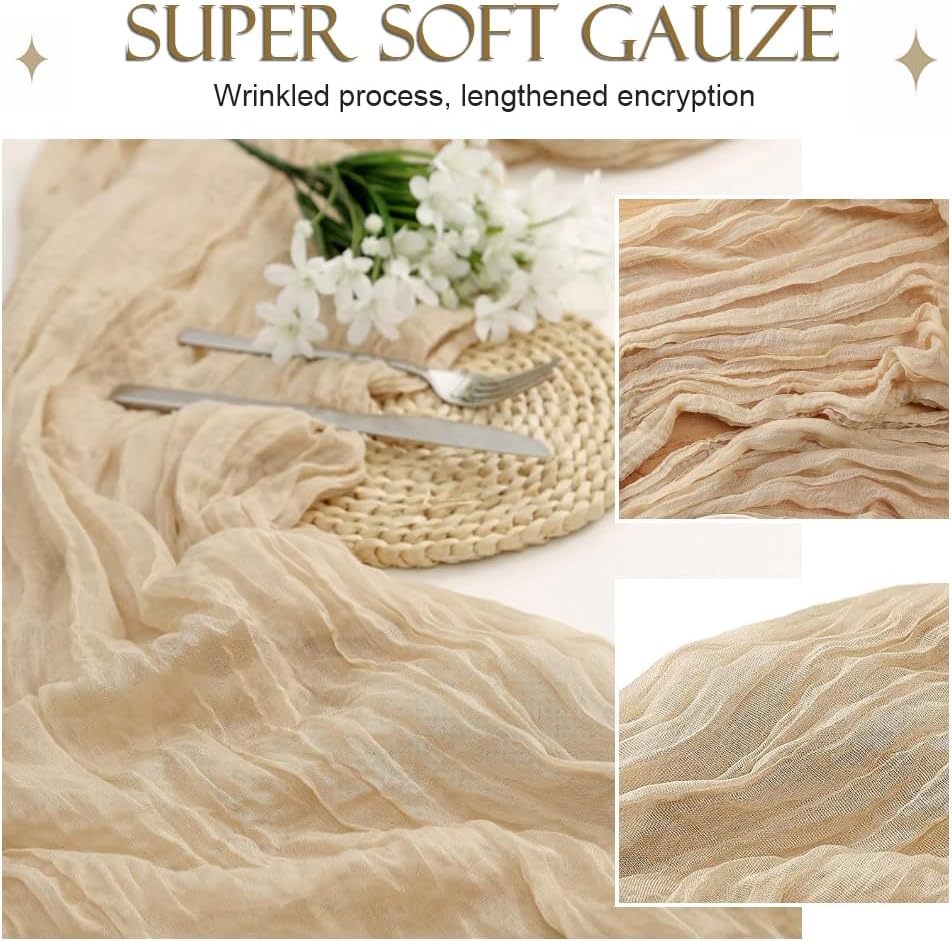 Chemin de table - mousseline gaze de coton 90x300cm beige rustique