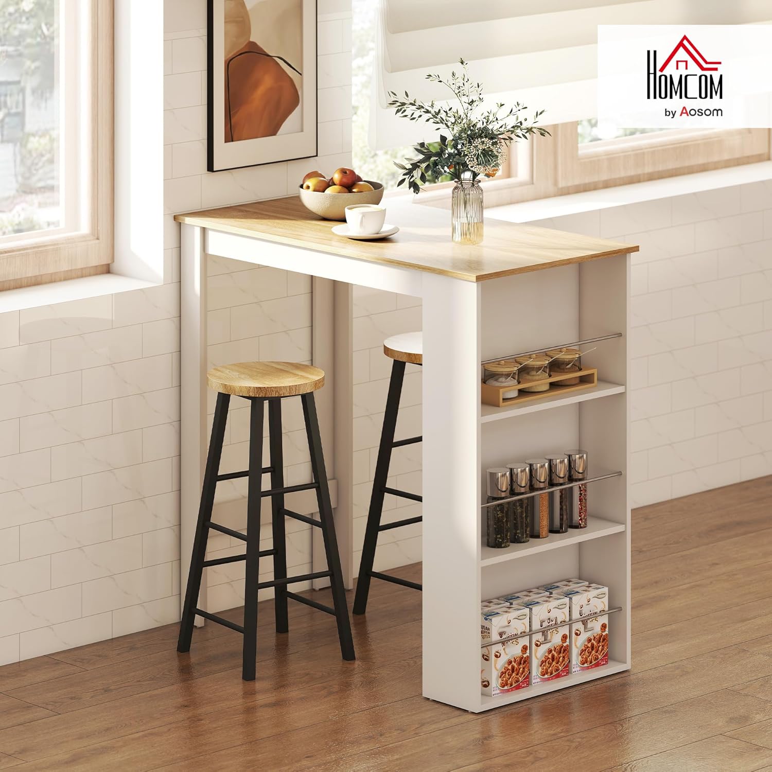 HOMCOM - Table mange-debout, 112x57x106 cm, 3 étagères, chêne clair